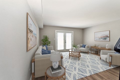 a living room with a couch and a table
